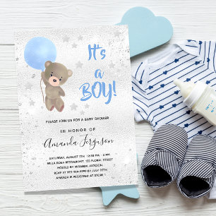 Baby shower teddy beestje blauwe zilverster kaart