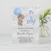 Baby shower teddy beestje blauwe zilverster kaart (Staand voorkant)