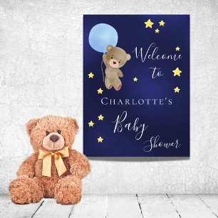 Baby shower teddy beestjongen blauw welkom poster