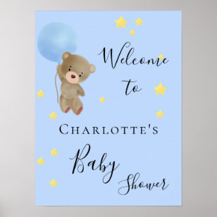 Baby shower teddy beestjongen blauw welkom poster
