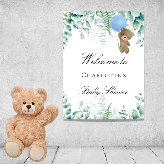 Baby shower teddy bek blauw eucalyptusbos poster