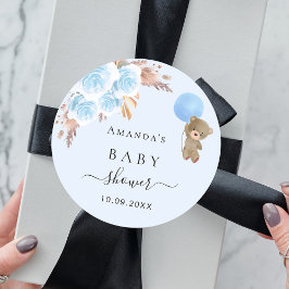 Baby shower teddy bek blauwe jongen pampasgras ronde sticker