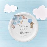 Baby shower teddy berenbok papieren bordje<br><div class="desc">Voor een elegant en modern baby shower,  om een baby te vieren. Een witte achtergrond. Gedecorreerd met lichtblauwe floralen,  pampasgras en een teddybeer met een ballon. Pas een naam en een datum aan en voeg deze toe.</div>