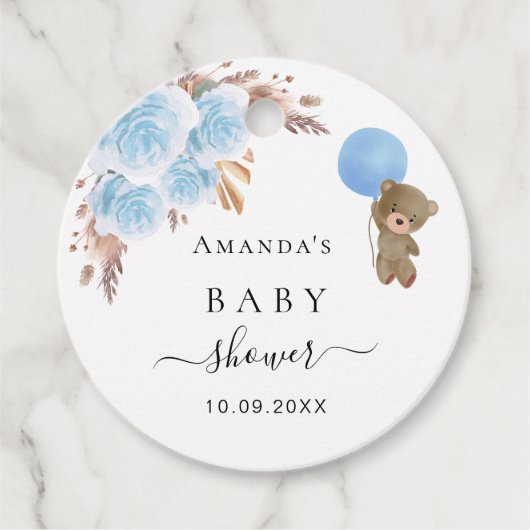 Baby shower teddy blue pampas gras bedankt bedankjes labels (Voorkant)