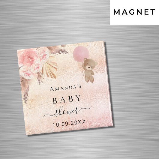 Baby shower teddy blush pampas gras save the date magneet