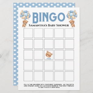 Baby shower Teddy Boy Bubble Blue Bingo Game Kaart