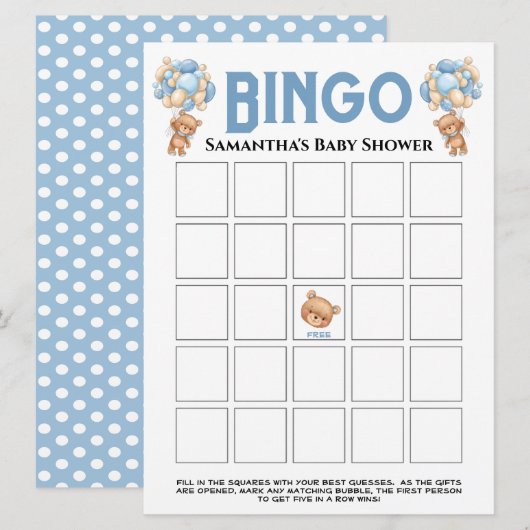 Baby Shower Teddy Boy Bubbly Blauwe Bingo Game  Kaart (Voorkant / Achterkant)