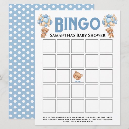 Baby Shower Teddy Boy Bubbly Blauwe Bingo Spel  Kaart (Voorkant / Achterkant)