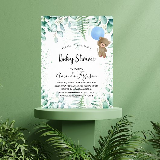 Baby shower teddy boy eucalyptus budget uitnodigin flyer