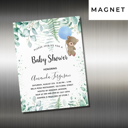 Baby shower teddy boy eucalyptusbos magnetische uitnodiging
