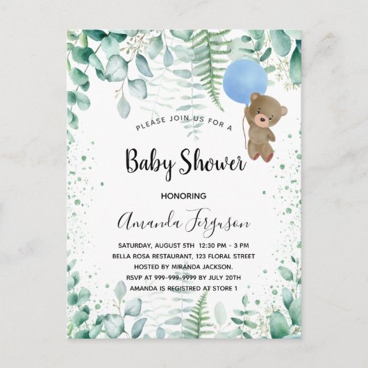 Baby shower teddy boy eucalyptusbos uitnodiging briefkaart (Voorkant)
