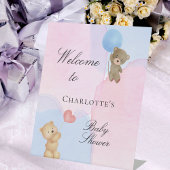 Baby shower teddy draagt blauw roze geslacht reclamebord met voetstuk