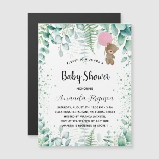 Baby shower teddy draagt eucalyptusmeisje luxe magnetische uitnodiging (Voorkant / Achterkant)
