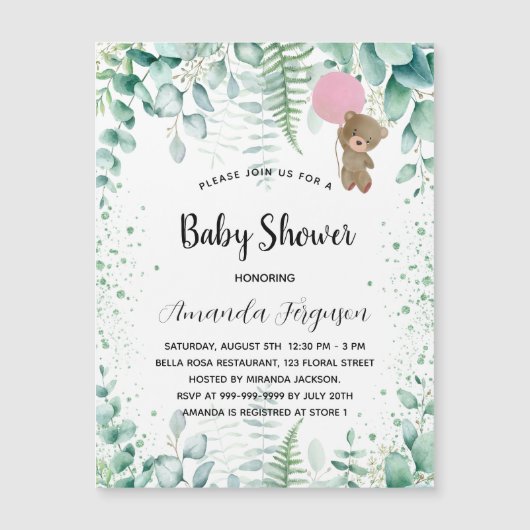 Baby shower teddy draagt eucalyptusmeisje luxe magnetische uitnodiging (Voorkant)