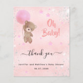 Baby shower teddy draagt roze dank je creditcard (Voorkant)