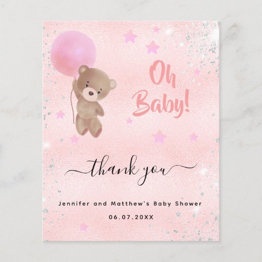Baby shower teddy draagt roze dank je creditcard (Voorkant)