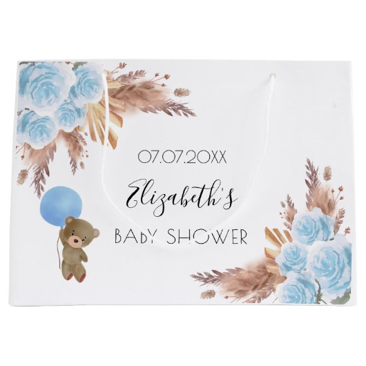 Baby shower teddy floral pampa blue boy groot cadeauzakje (Voorkant)