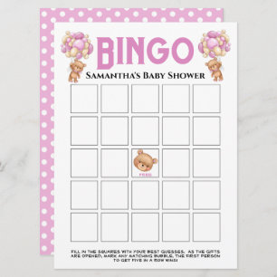 Baby shower Teddy Girl Bubble Pink Bingo Game Kaart