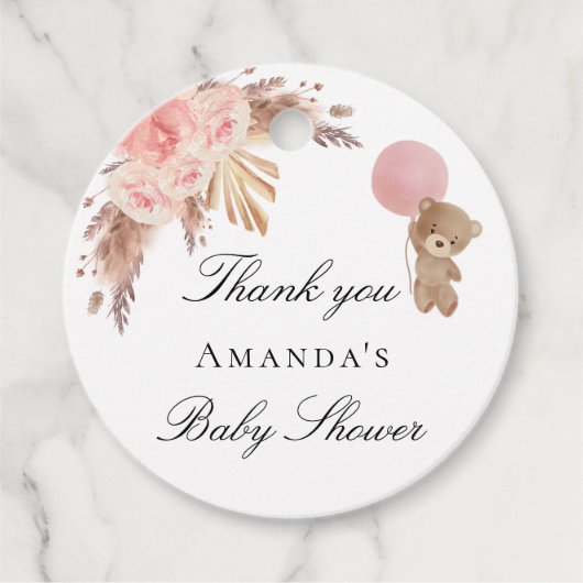 Baby shower teddy girl pampas gras bedankt bedankjes labels (Voorkant)