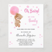 Baby shower teddy neemt roze budgetuitnodiging aan flyer (Voorkant)
