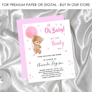 Baby shower teddy neemt roze budgetuitnodiging aan flyer