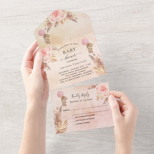 Baby shower teddy pampas roos goudflorals RSVP All In One Uitnodiging (Afscheurbaar)