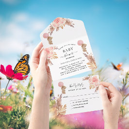 Baby shower teddy pampas roze floraalwit RSVP All In One Uitnodiging