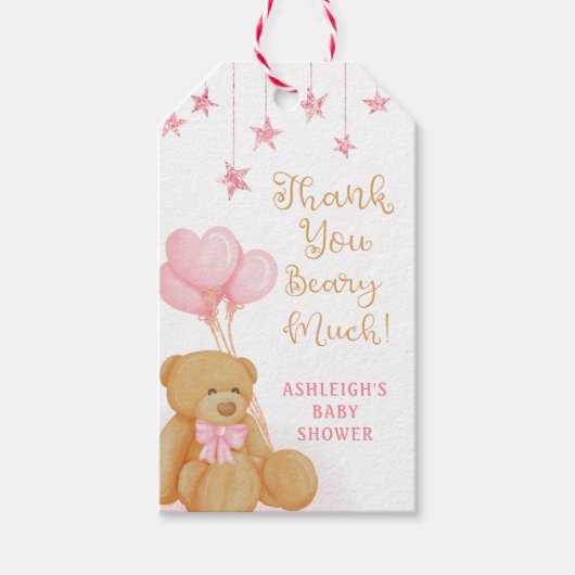 Baby shower teddybear roze ballonstralen cadeaulabel (Voorkant)
