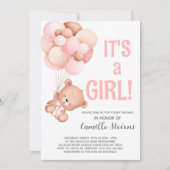 Baby shower teddybeer ballon meisje kaart (Voorkant)