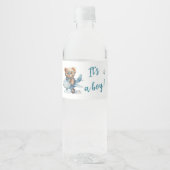 Baby shower teddybeer blauw waterfles etiket (Voorkant)