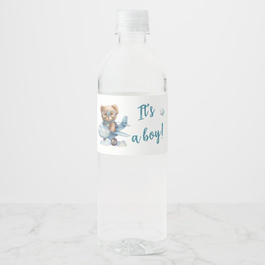 Baby shower teddybeer blauw waterfles etiket (Voorkant)