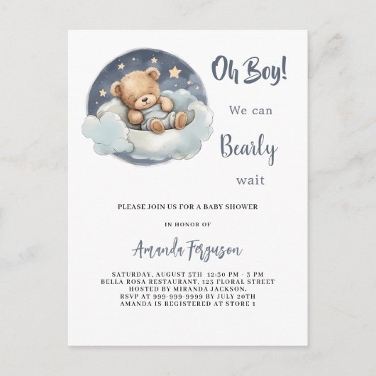Baby shower Teddybeer Boy Blue Moon Sky Uitnodiging Briefkaart (Voorkant)