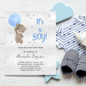 Baby shower Teddybeer Boy Blue Silver Uitnodiging