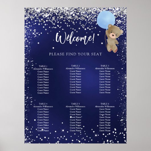 Baby shower Teddybeer Boy Navy Blue Zitkaart Poster (Voorkant)