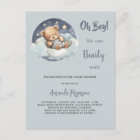 Baby shower teddybeer jongen blauw wolk schattig uitnodiging briefkaart (Voorkant)