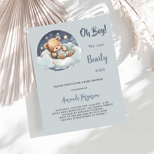 Baby shower teddybeer jongen blauw wolk schattig uitnodiging briefkaart