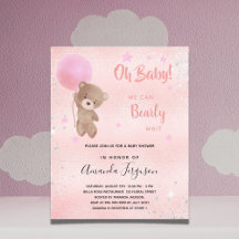 Baby shower teddybeer meisje roze uitnodiging