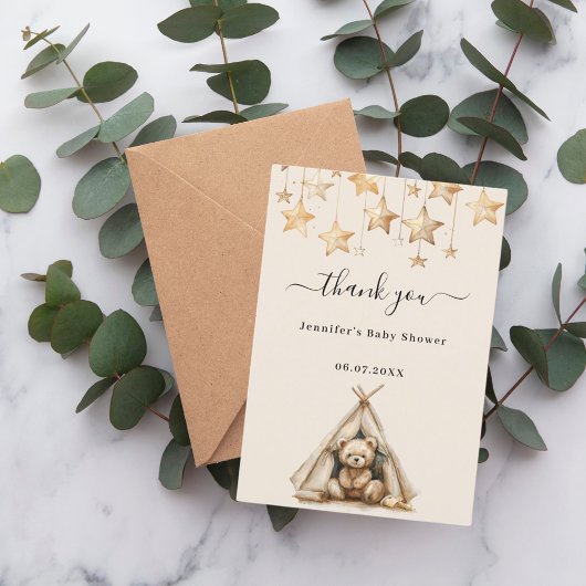Baby shower teddybeer sterren tent beige bedankkaart