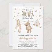Baby shower teddybeer uitnodiging bruin wit (Voorkant)