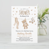 Baby shower teddybeer uitnodiging bruin wit (Staand voorkant)