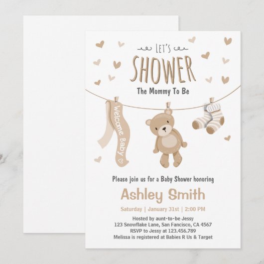 Baby shower teddybeer uitnodiging bruin wit (Voorkant / Achterkant)