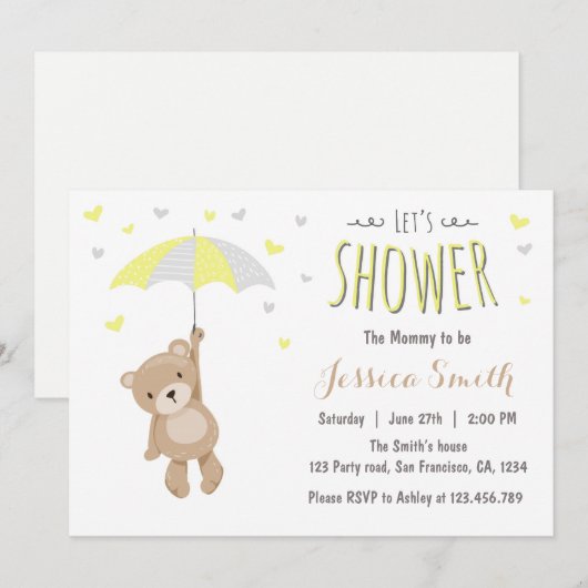 Baby shower teddybeer uitnodiging geel neutraal (Voorkant / Achterkant)