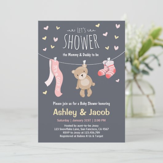 Baby shower teddybeer uitnodiging roze meisje douc (Staand voorkant)