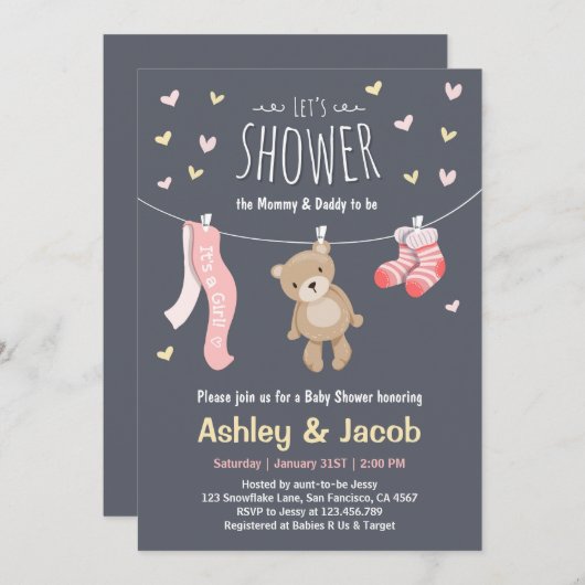 Baby shower teddybeer uitnodiging roze meisje douc (Voorkant / Achterkant)