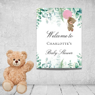 Baby shower teddybeertje roze eucalyptusbos poster