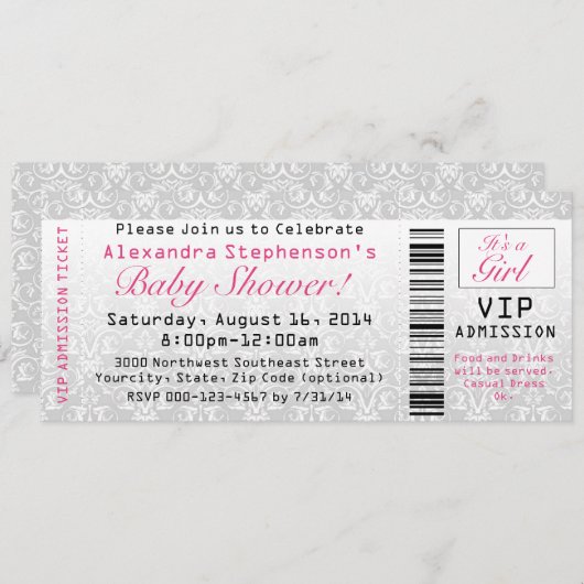Baby shower ticket uitnodigingen, meisje kaart (Voorkant / Achterkant)