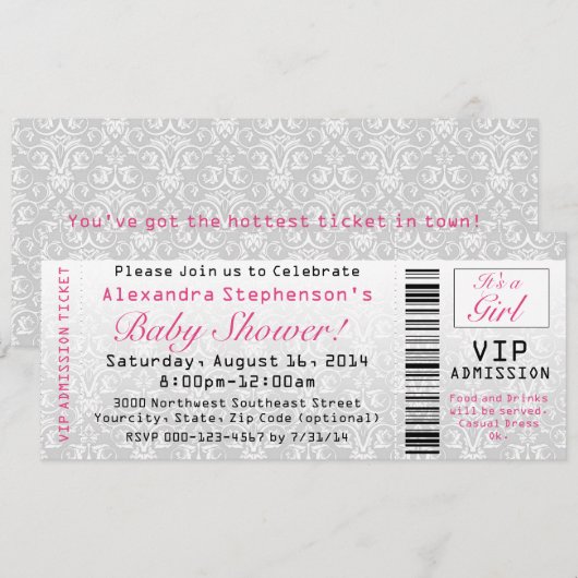 Baby shower ticket uitnodigingen, meisje kaart (Voorkant / Achterkant)