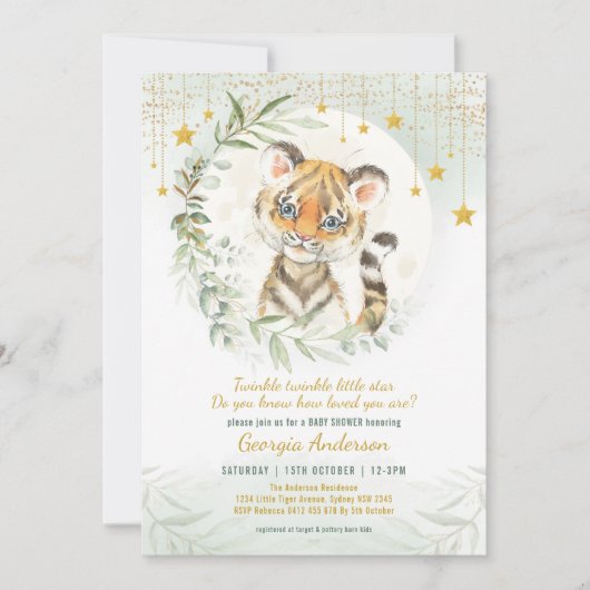 Baby shower tijger Cub Greenery Moon Twinkle Stars Kaart (Voorkant)