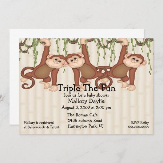 baby shower Triplet-apen Kaart (Voorkant / Achterkant)