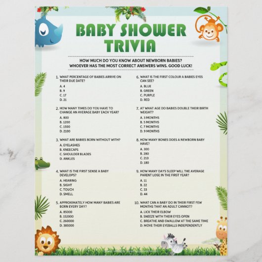 Baby shower Trivia Baby shower Game [Dierthema] Briefhoofd (Voorkant)